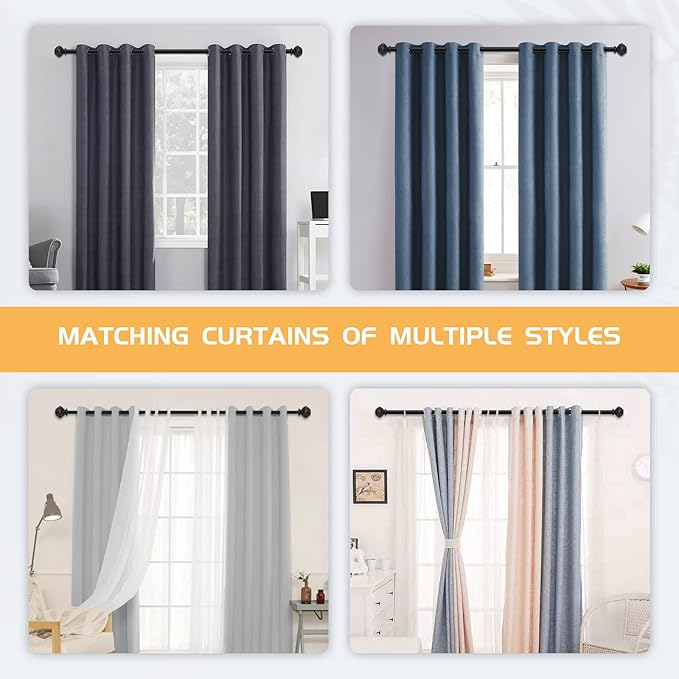 Curtain Rods, 1" Diameter, 32-168" Standard Decorative Window Curtain Rod Set with Brackets, Black Steel, Black Finish