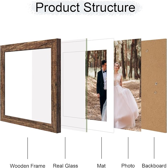 iRahmen 10x10 Picture Frame Set of 4 with Real Glass, Rustic Frames Display 8x8 Picture with Mat or 10 x 10 Without Mat, Wooden Square Photo Frame for Wall Mount and Tabletop Display