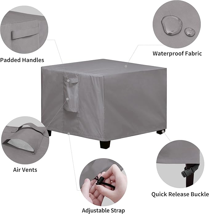 Easy-Going Square Patio Ottoman Cover, Waterproof Outdoor Ottoman Cover, Fade Resistant Patio Side Table Cover, Durable Outdoor Furniture Covers with Sealed Seam (25"x25"x17", Grey)