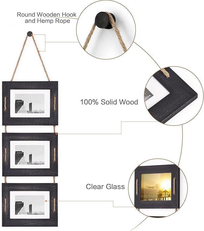 DLQuarts 5x7 Hanging Picture Frames Collage Wall Decor, 3-Opening Photo Frames Set, 3.5x5 with Mat or 5x7 Without Mat, Rustic Solid Wood Photo Frame Pack of 2, Weathered Black