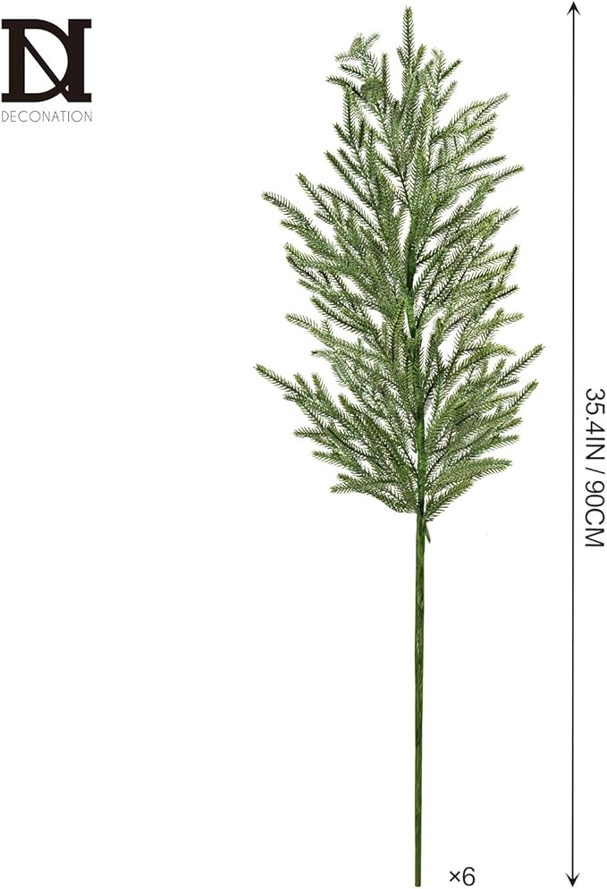 DN DECONATION Artificial Christmas Norfolk Pine Stems, Faux Pine Branches 35.4" 6PCS - Real Touch PE Greenery Fake Pine Needles for Vase Arrangements, Winter, Holiday Indoor Outdoor Home Decor