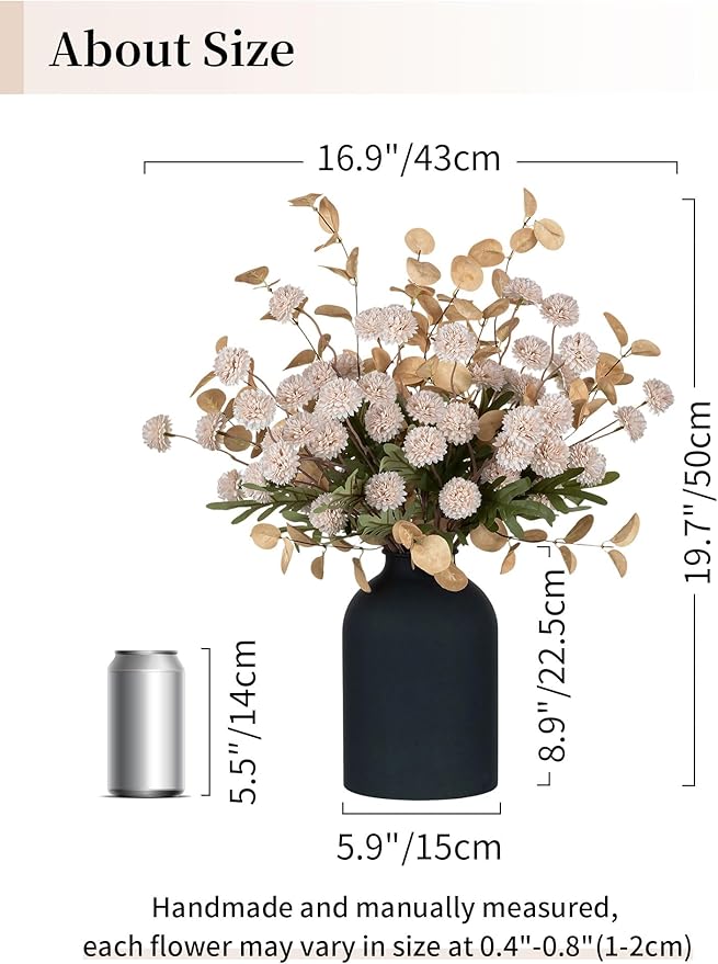 BLOSMON Dining Table Centerpiece Decor: Metal Vase with 12 Stems of Fake Mums Kiku Flower Eucalyptuses for Home - Beige Artificial Pom Poms Faux Floral Arrangements in Vase for Living Room