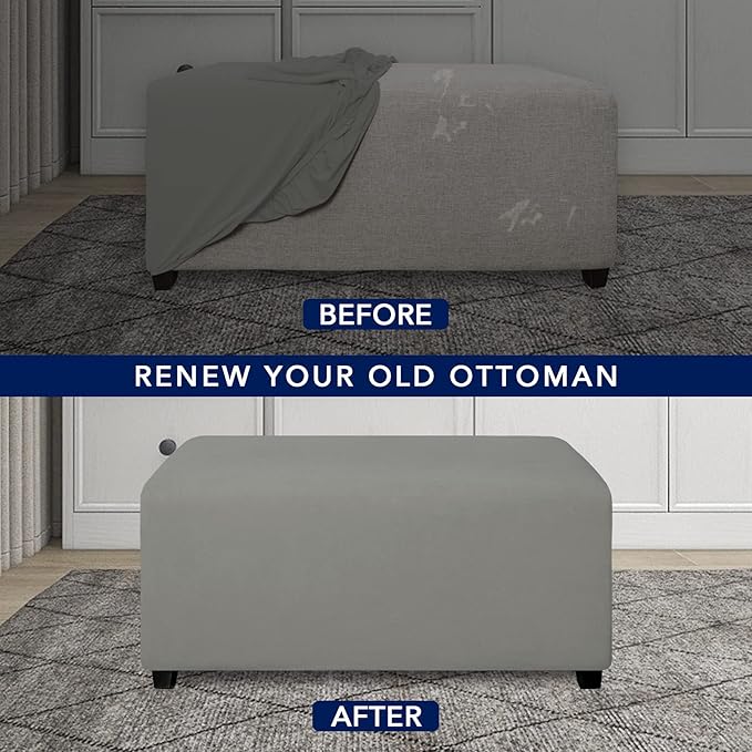 PureFit Super Stretch Soft Form Fit Ottoman Cover Rectangle - Ottoman Slipcovers for Foot Stool & Folding Storage Furniture for Living Room with Nonslip Elastic Bottom (Large, Light Gray)