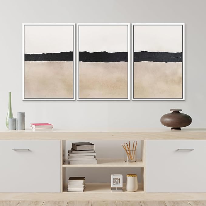 MUDECOR Framed Wall Art Print Set Minimalist Abstract Black Horizontal Brushstroke Illustrations Modern Art Boho Decorative Colorful Chic for Living Room, Bedroom, Office - 16"x24"x3 White