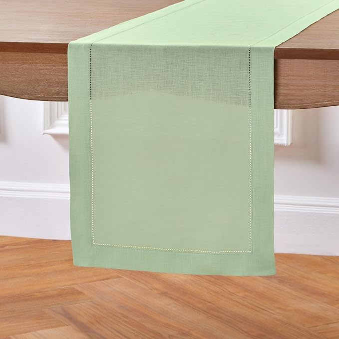Solino Home Linen Table Runner 90 Inches Long - 100% Pure Linen Light Green Table Runner 14 x 90 Inch for Spring, St Patricks Day, Easter - Classic Hemstitch