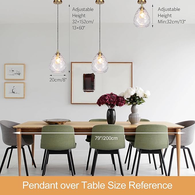 Gold Pendant Lighting with Clear Hammered Glass Shade, 1-Light Art Deco Hanging Lamp for Kitchen Island, Dining Room, Bedroom (Clear Glass Shade)