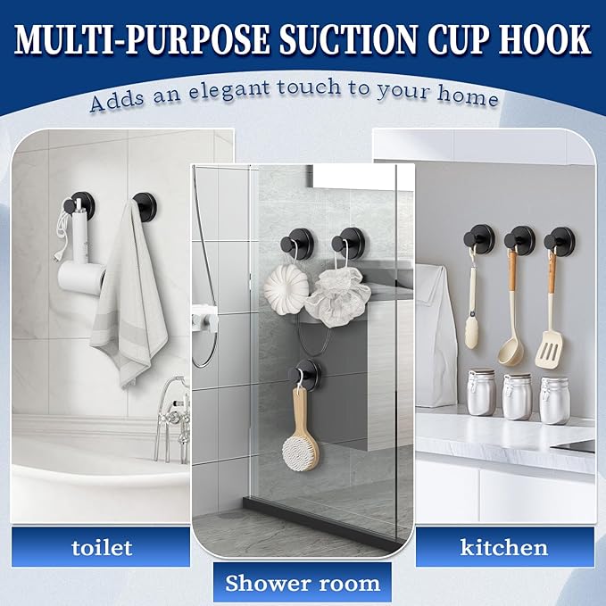 Suction Cup Hooks No Drill Stainless Steel Shower Hooks Towel Hook Heavy Duty on Smooth and Non-Porous Surfaces in Bathrooms Kitchen Bedroom (2, Matte Black)