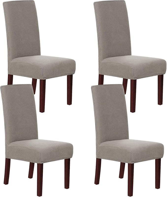 H.VERSAILTEX Stretch Dining Chair Covers Set of 4 Chair Covers for Dining Room Parsons Chair Slipcover Chair Protectors Covers Dining, Feature Textured Checked Jacquard Fabric, Taupe