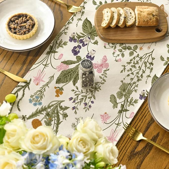 Artoid Mode Wildflowers Floral Spring Table Runner, Butterfly Seasonal Summer Kitchen Dining Table Decoration for Home Party Decor 13x36 Inch