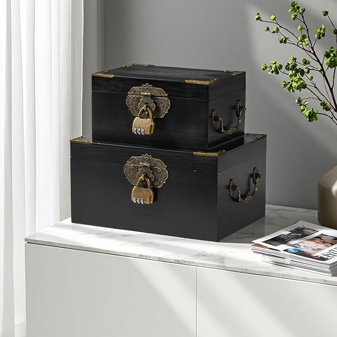 2PCS Wooden Decorative Storage Box with Lids Handmade Memory Box for keepsakes Metal Handle Treasure Chest Vintage Wood Baskets with Code Lock Jewelry Box Desk Organizer Container, Black