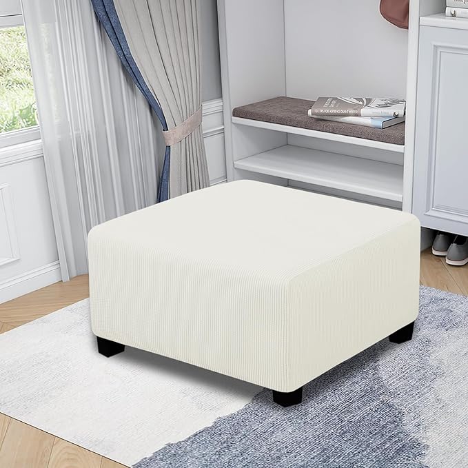 Easy-Going Stretch Square Ottoman Cover Folding Storage Stool Furniture Protector Soft Slipcover with Elastic Bottom (30x30x15inch, Cream)