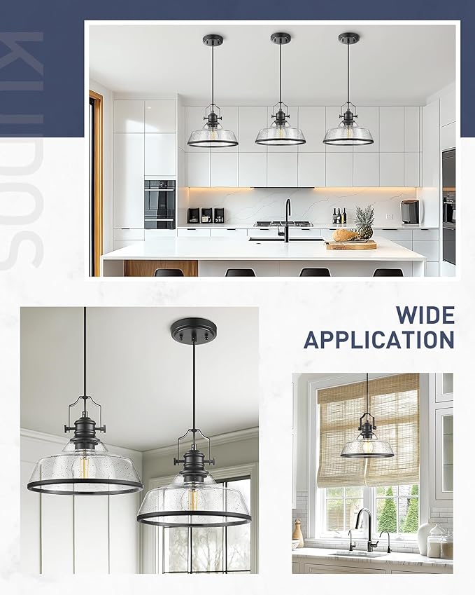 kudos Seeded Glass Pendant Light Kitchen Island, Adjustable Cord, Black Farmhouse Kitchen Light Fixture,KDPL13-BK-S