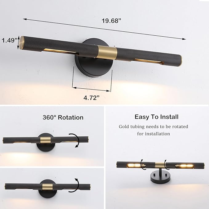 Modern Picture Light 19 inches Brushed Brass Gold Black Wall Sconce with Knurled Texture Cylinder Metal Shades Rotatable 360°Indoor Wall Lighting Fixture for Bathroom Vanity Lights Bedroom