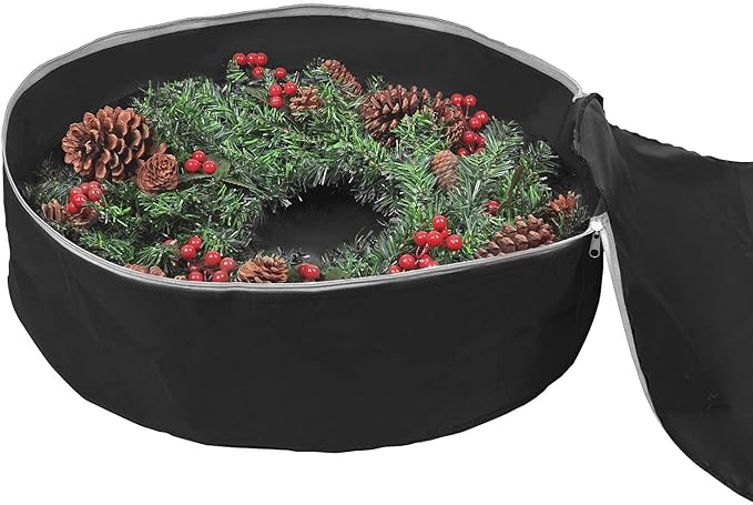 Primode Heavy Duty Christmas Wreath Storage Bag 24"- Garland Wreaths Container with Handles - Durable 600D Oxford Polyester Material Holiday Wreaths Storage Holder 24” (Black)