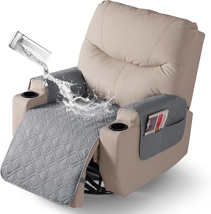 VANSOFY Recliner Chair Covers 100% Waterproof Seat Cover with Arm Reclining Cover Non-Slip Recliner Chair Covers Furniture Protector Washable Slipcover with Pocket for Pets, Dogs(Light Gray, 22")