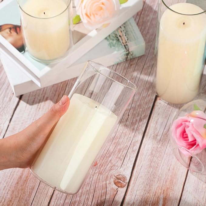 Shihanee Set of 12 Pillar Candles and Glass Cylinder Vases Clear Cylinder CandleHolders for Slim Pillar Candles Wedding Centerpieces(3.4''x 4.7'', 7'', 9.8'',Ivory White)