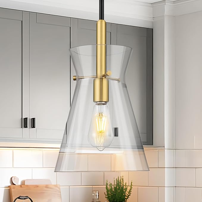 Emak Modern 9 Inch Black and Gold Pendant Lights Kitchen Island, 2 Pack Large Pendant Light with Clear Glass Shade, Farmhouse Island Lights for for Kitchen, Dining Room, Bathroom, PL130-BKBGD-CG-2PK