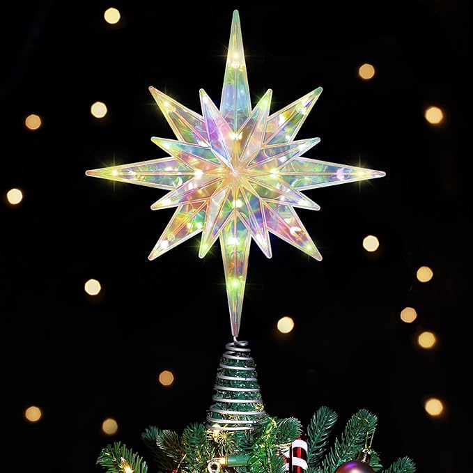 Luxspire Christmas Tree Topper, Lighted Star Tree Topper with USB Plug-in & Remote Control, 11" LED Acrylic Christmas Decorations Light, Xmas Trees Ornament for Home Party, Bethlehem Star-Warm Light