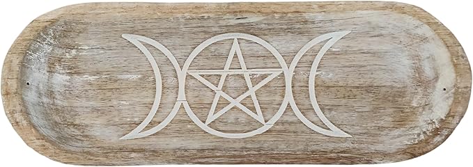 VANIYA CRAFTS® Wooden Handmade Star & Moon Design Boat Shape Incense Holder Stand Insence Tray for Sticks Home Decor Restaurant (11X4,Antique White)