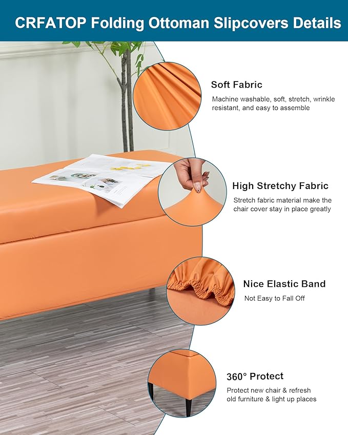CRFATOP Waterproof PU Ottoman Stool Cover Stretch Folding Storage Footstool Bench Slipcovers Upholstered Foot Chest Chair Covers Washable Entryway Furniture Protector with Elastic Bands,L,Orange