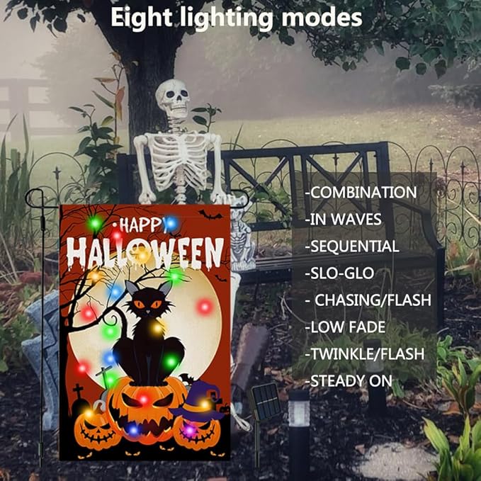 Happy Halloween Garden Flag with Lights, 12x18 in Solar Double Sided Pumpkin Cat Yard Flags, Halloween Outdoor Decorations for Patio, Lawn