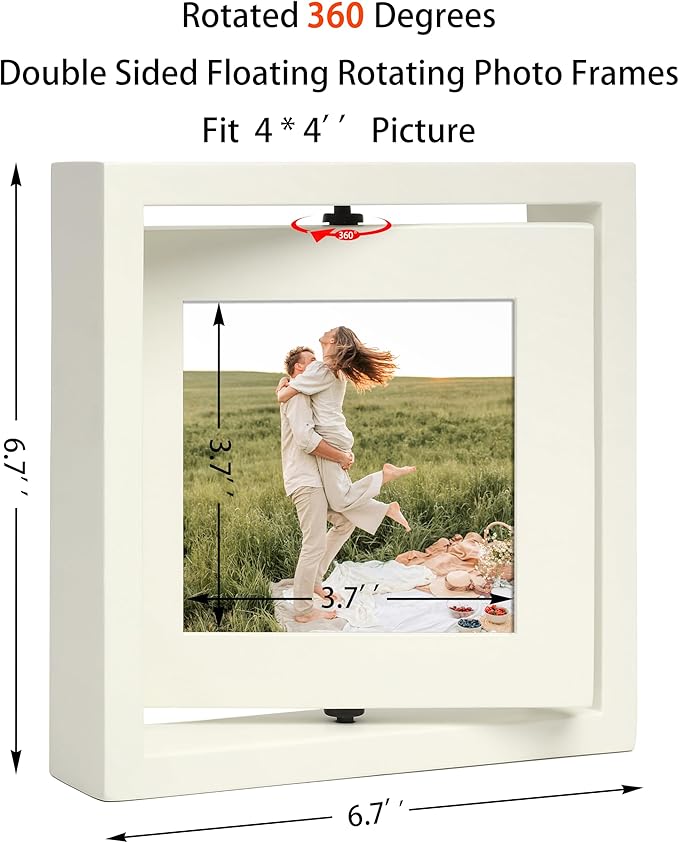 4x4 Double-Sided Rotating Floating Square Picture Frames (2 Pack, White), Solid Pine Wood with Real Glass for Horizontal Vertical Standing Display Desk Tabletop Photo Frames