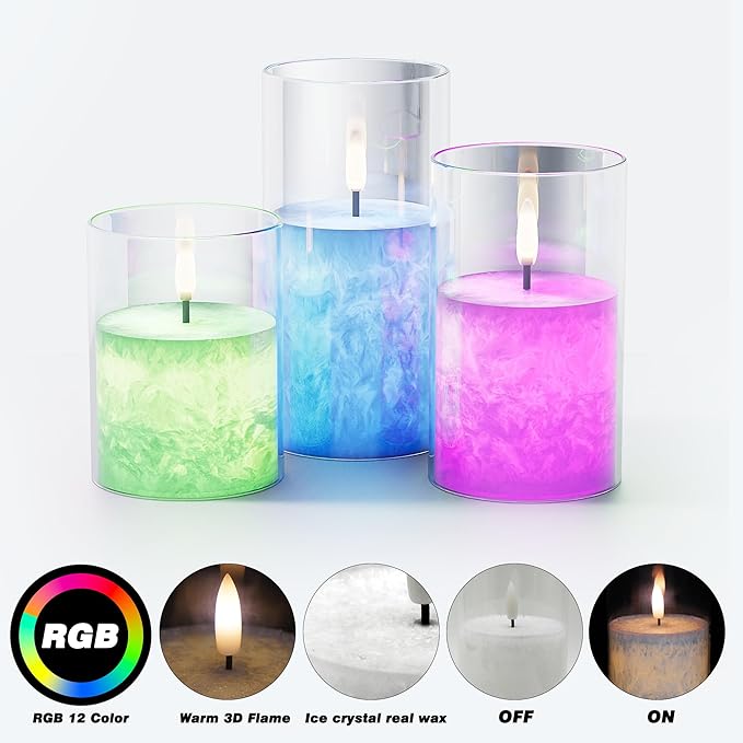 12Colors Ice Crystal Real Wax Glass Flameless Candles with Remote & Timer, Battery Operated Candles with Warm Flickering Flame, Realistic LED Candle for Wedding Home Decor [D3×H4/5"/6"] 3Pack