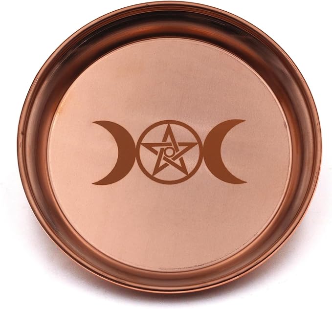 Copper Offering Bowl Prayer Ritual Plate Great for Altar,Witches,Incense Burner, smudging Bowl, Offering Dish,Candle Trays, Ash Catcher,Jewelry Dish(Triple Moon)