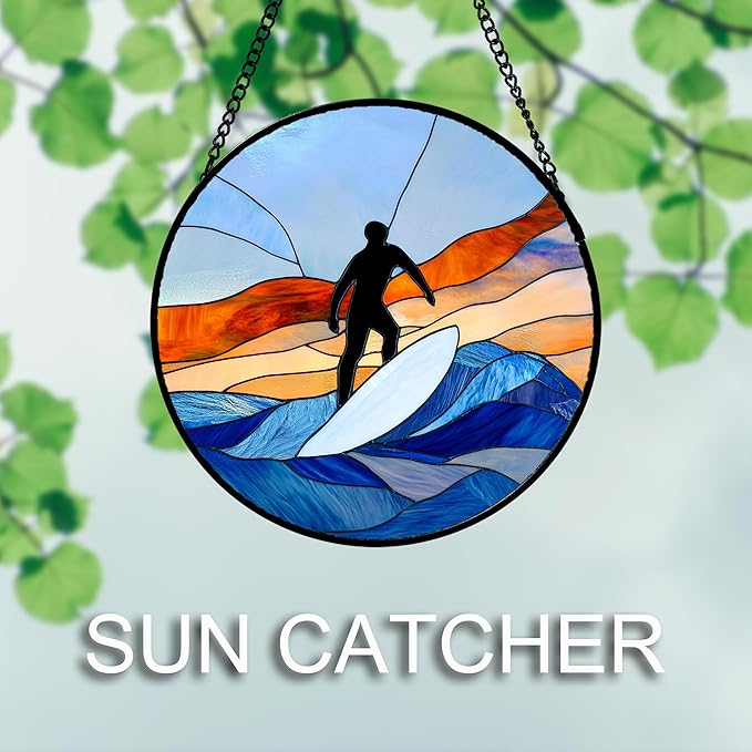 Stained Glass Window Hanging 4 Pcs Set Blue Ocean Surfing Beach 7.8" - Suncatcher Door Garden Sun Catcher Decor Birthday Mother's Day for Firefighte Men Woman Nana Mom