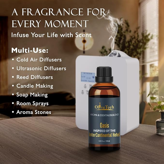 Hotel Diffuser Oil Inspired by Intercontinental Hotel Oasis Scent, OliveTech Aromatherapy Fragrance Oil for Cold Air & Ultrasonic Diffusers, 100ml / 3.38 ft oz Glass Bottle