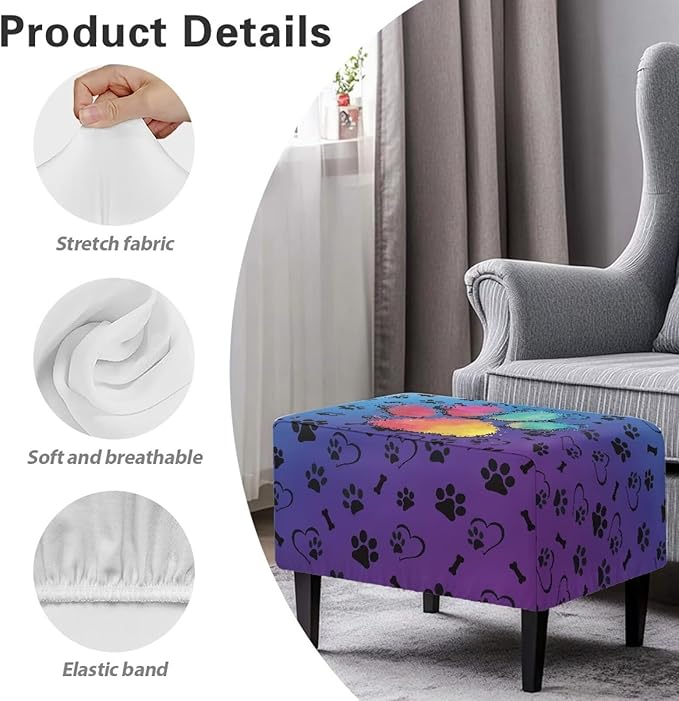 Soft Stretch Ottoman Slipcover Colorful Paws Washable Rectangle Footrest Stool Cover Anti Scratch Furniture Protector with Nonslip Elastic Bottom for Most Footstools Size S