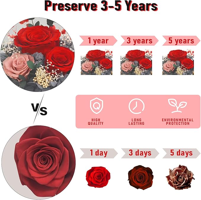 FIACO Valentines Gifts for Her Preserved Flowers in Glass Dome Long-Lasting Eternal Roses Birthday Gifts for Women Mom Grandma Wife Girlfriend Red Forever Flowers for Delivery Prime