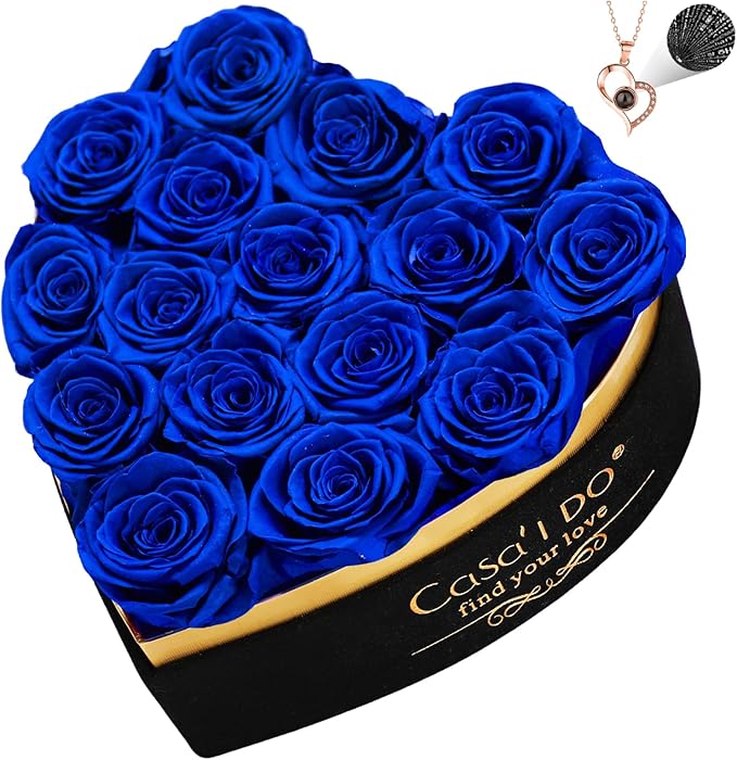 Preserved Roses Flowers for Delivery 16 Pcs, Forever Flores in Heart Box with Necklace, Eternal Rose Anniversary Birthday Gift for Women Wife Girlfriend, Rosas for Valentines Christmas, Blue
