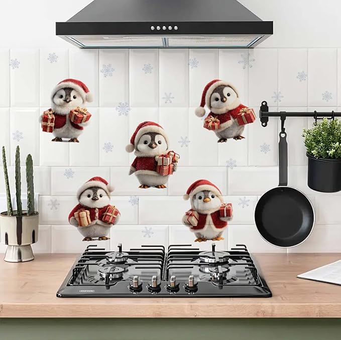 Christmas Penguin Wall Decals | Peel and Stick Holiday Decorations with Santa Hats & Gifts – Removable Vinyl Stickers for Walls, Windows, Office, Living Room, and Winter Seasonal Décor