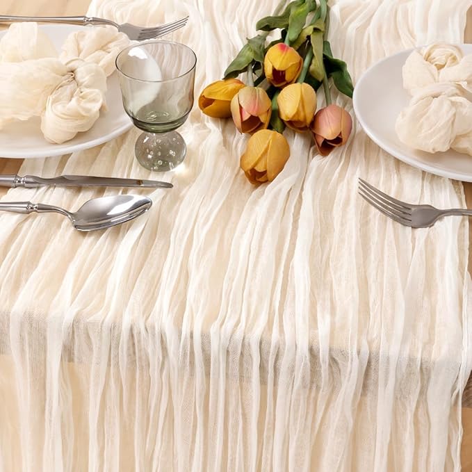 MLMC 3 Pack Ivory White Table Runner Rustic Gauze Cheesecloth Table Runner 10ft Cheese Cloth Centerpiece Decor 35x120 Inches for Wedding Dessert Anniversary Bridal Baby Shower Decor