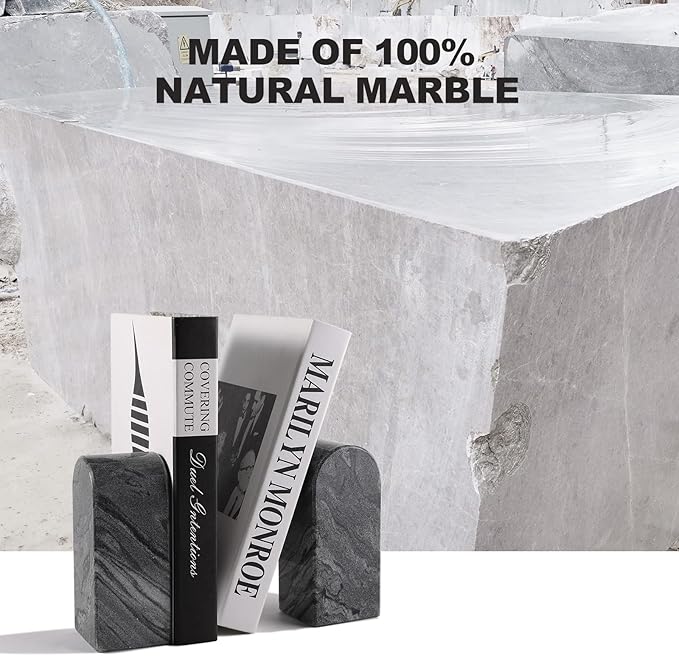 Koville African Natural Marble Bookends for Shelves, 7lbs Heavy-Duty Marble Book Holders, Decorative Book Ends, Bookshelf Apartment Decor for Normal Books/CD/Video Games