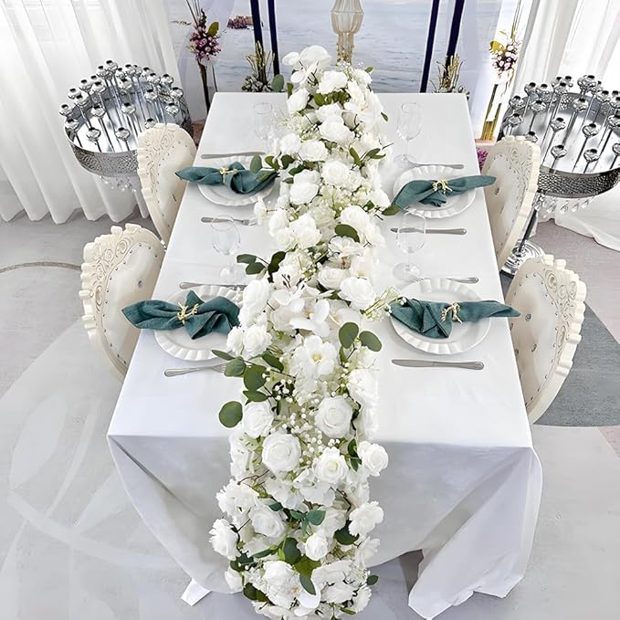 Jasion 50PCS Artificial Roses Realistic Velvet Silk Fake Flowers Long Stem Faux Flowers Bouquet for Wedding Home Party Table Centerpieces Decoration (White)