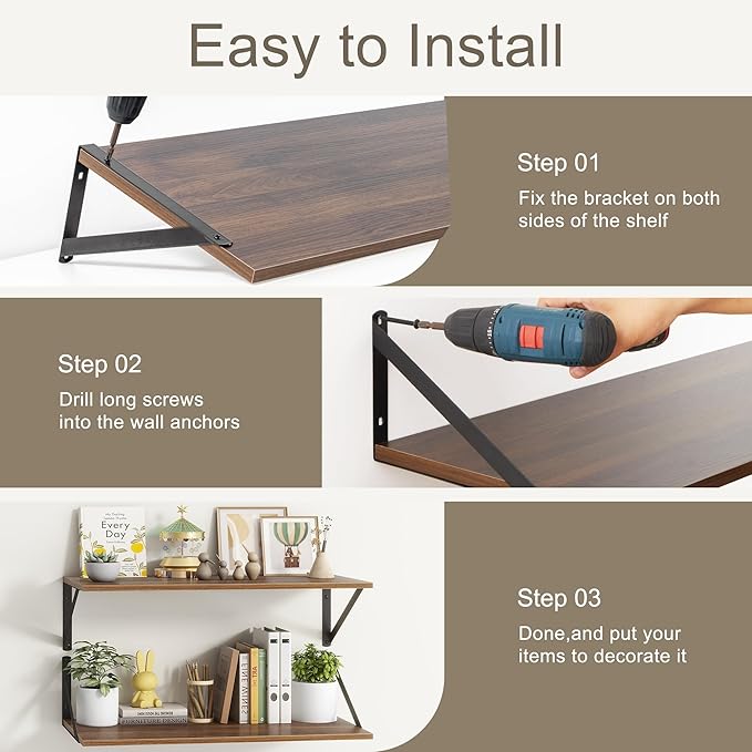 Fun Memories 18" W x12 D Floating Shelves, Farmhouse Wall Shelves Home Decor Shelf, Deep Bathroom Shelf with Bracket, 12 Inch Deep Wall Shelves for Living Room, Kitchen, Bedroom, Walnut, Set of 2