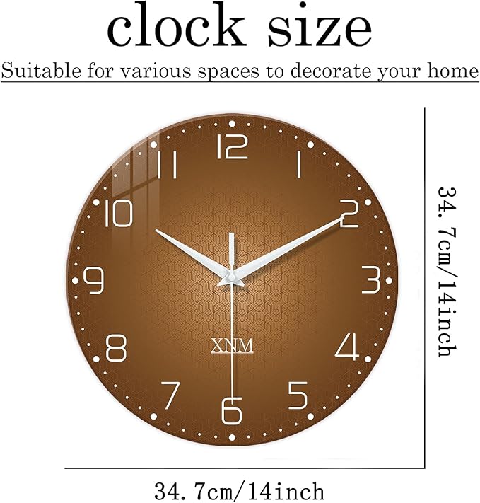 XNM Kitchen Wall Clocks Battery Operated 14 Inch Round Brown Simple Wall Clock Modern Glass Minimalist Wall Clock Silent