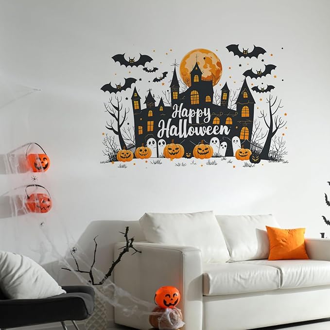 Halloween Wall Decals – Skeleton Pumpkin Stickers with Witch Hat, Bats, Black Cats & Stars, Removable Vinyl Decorations for Party or Home Decor