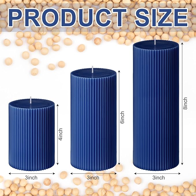 Ribbed Pillar Candles Set of 3, Width 3" High 4" 6" 8" Large Soy Wax Orchids Scented Pillar Candles Aesthetic Ribbed Modern Home Decor for Bathroom Living Room(Navy Blue)