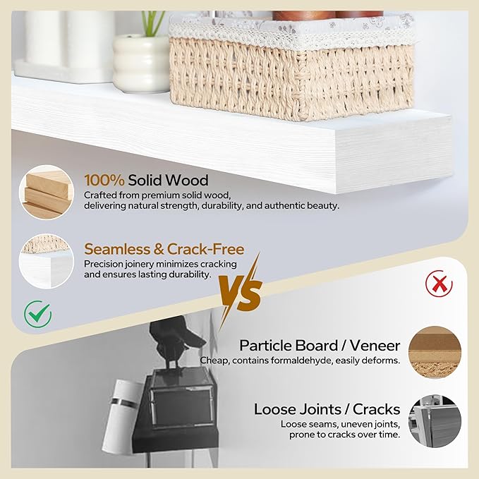 Floating Shelves 3 inch Thick for Wall Set of 2,Solid Pine Wood Wall Mount Shelf for Kitchen Living Room Bedroom Bathroom,8" D x 30" L x 3" H-White