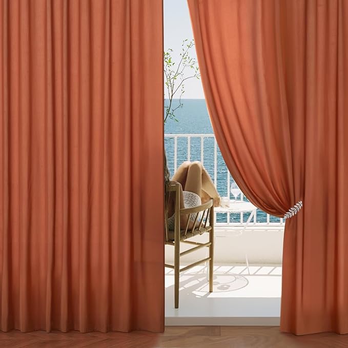 EMEMA Fall Burnt Orange Privacy Sheer Curtains 63 Inch Length, Non-See-Through Light Filtering Semi Sheer Curtains for Bedroom Living Room, Window Drapes That Let Light in, 52x63 Inch, 2 Panels