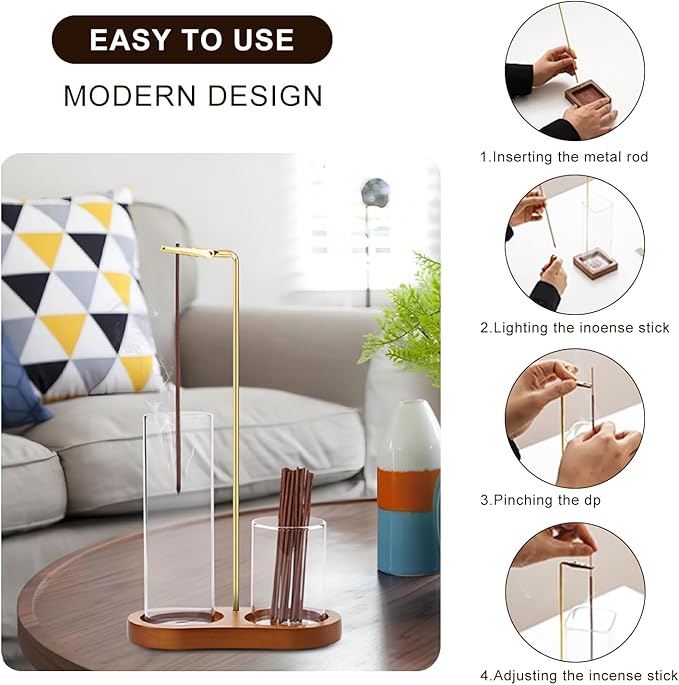 Incense Holder, 2 in 1 for Sticks with Detachable Anti-Ash Flying Incense Burner with Glass Ash Catcher andSticks Organizer Handmade Wooden Tray for Meditation Yoga Room Decor Package