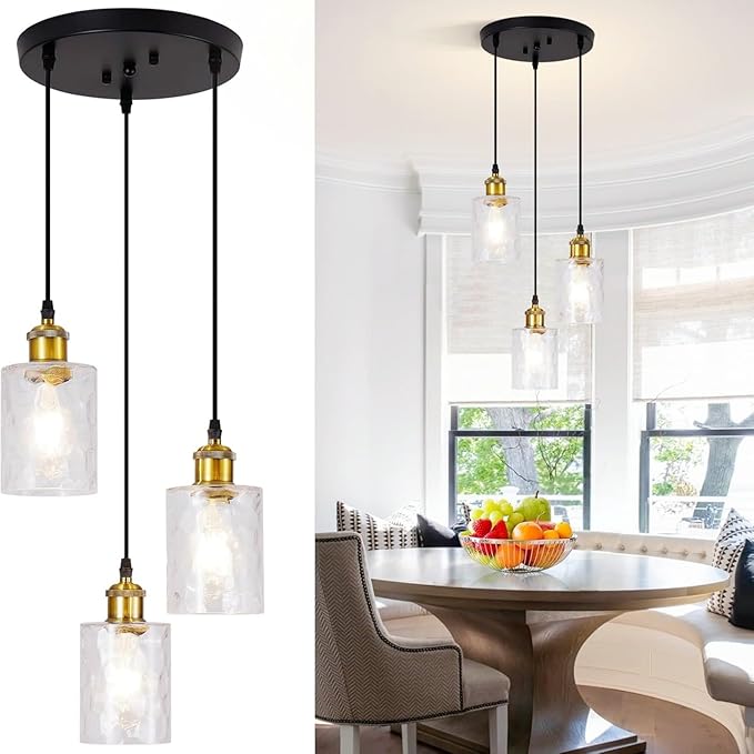 Modern Pendant Lights Kitchen Island,No Assembly Required Farmhouse Kitchen Island Lighting+Clear Hammered Glass Shade,Industrial Hanging Pendant Lights Fixture for Kitchen Island Dining Room
