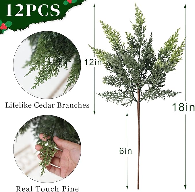 18" Real Touch Cedar Branches -12 Pcs, Artificial Christmas Cedar Branch Realistic Fake Pine Picks Faux Greenery Plants Stem for Vase DIY Crafts Garland Wreath Indoor Outdoor Home Decor