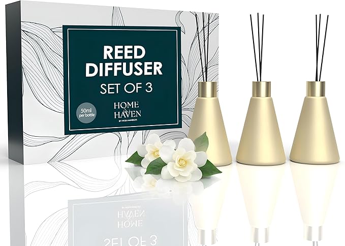 Mega Handles Reed Diffuser Sets (50ml) - 3 Pack White Flower Scent Bathroom Diffuser, Elegant Reed Diffuser for Shelf Decor, Decorative Air Freshener for Large Rooms - Satin Brass