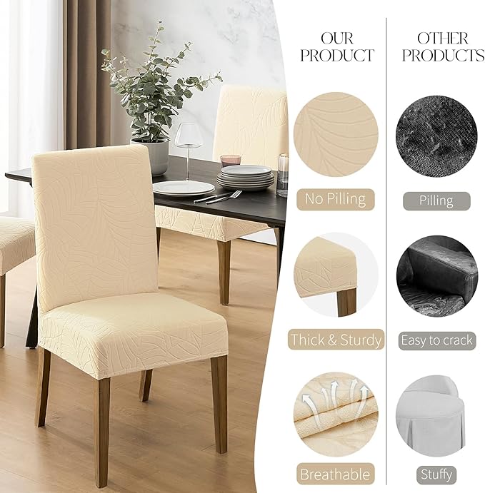 MOSAYT 100% Waterproof Dining Room Chair Covers Set of 6, Super Fit Stretch Jacquard Parson Chairs Slipcovers Removable Washable Chair Seat Protectors for Home, Kitchen, Banquet (Beige)