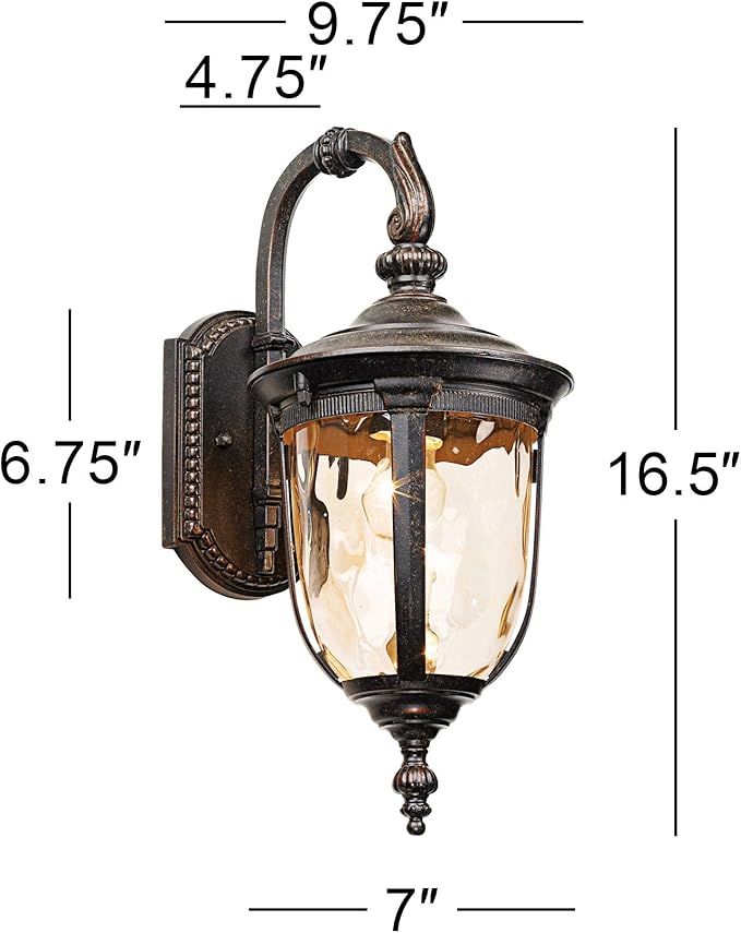 John Timberland Bellagio European Outdoor Carriage Light Fixture Bronze Metal 16 1/2" Hammered Glass Wall Sconce for Exterior House Porch Patio Outside Deck Garage Yard Front Door Garden Home