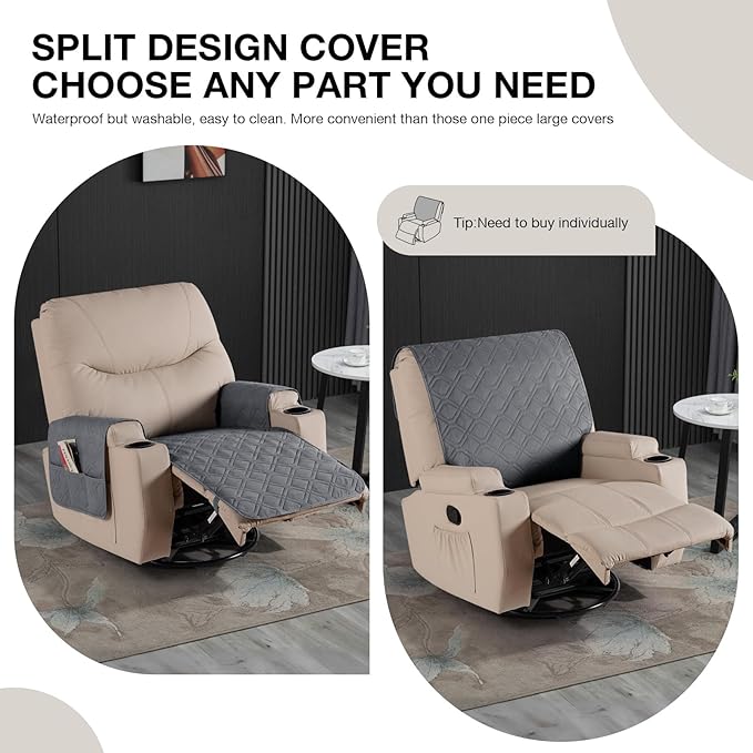 VANSOFY Recliner Chair Covers 100% Waterproof Seat Cover with Arm Reclining Cover Non-Slip Recliner Chair Covers Furniture Protector Washable Slipcover with Pocket for Pets, Dogs(Natural Gray, 22")